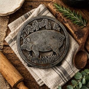 Vintage Cast Iron Pig Trivet Rustic Farmhouse Kitchen Hot Plate Farm Decor